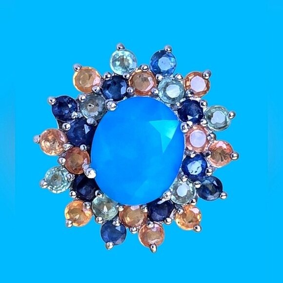 925 Sterling Silver Ring Sz 6.75 with Natural Blue Opal & Multi-Color Sapphire - Picture 11 of 11
